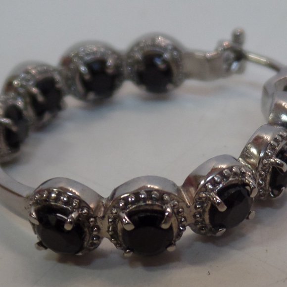 Unbranded Stainless Steel Black Spinel & Sparkling CZ Hoop Earrings Apx 1.5" 10G - Picture 5 of 13